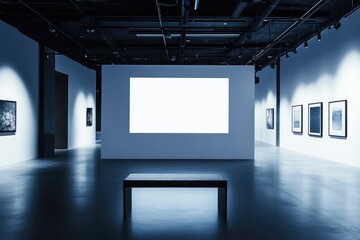 Exhibition interior with empty projection screen and bench. AI generated illustration.