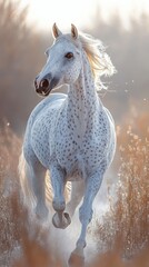 Majestic white horse gallops through the golden grasslands at sunset in a serene natural setting