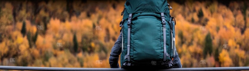 Hiker overlooking autumn landscape with a backpack.