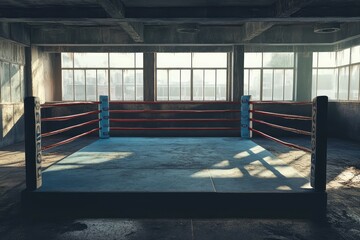 Fototapeta premium Empty boxing ring in a dimly lit arena. AI generated illustration.