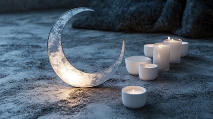 A crescent-shaped lantern made from frosted metal
