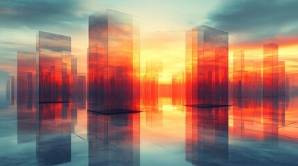 Abstract Cityscape with Reflective Towers at Sunset in Vibrant Colors