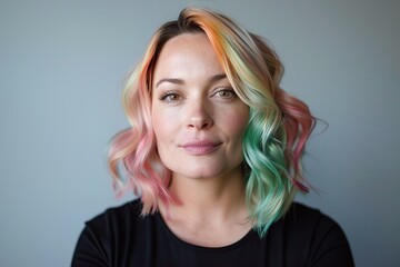 Fototapeta premium A confident woman with vibrant, multi-colored hair smiles softly against a neutral background, showcasing a blend of pink and green hues. posing confidently, bold and expressive, modern portrait