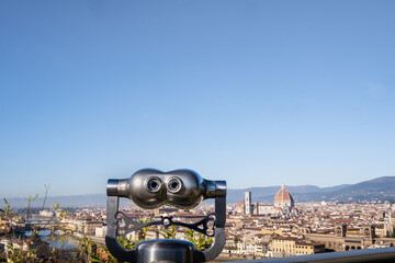 Panoramic view of the city of Florence from the hills. There is a Coin-operated binoculars to see from Ponte Vecchio to the cathedral, and churches in addition to the Arno river and the mountains