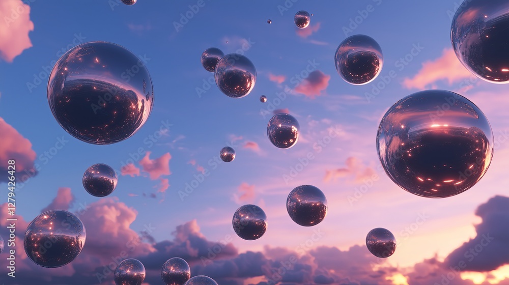 Poster A sky filled with floating orbs that resemble planets