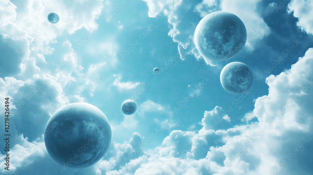 Poster a sky filled with floating orbs that resemble planets
