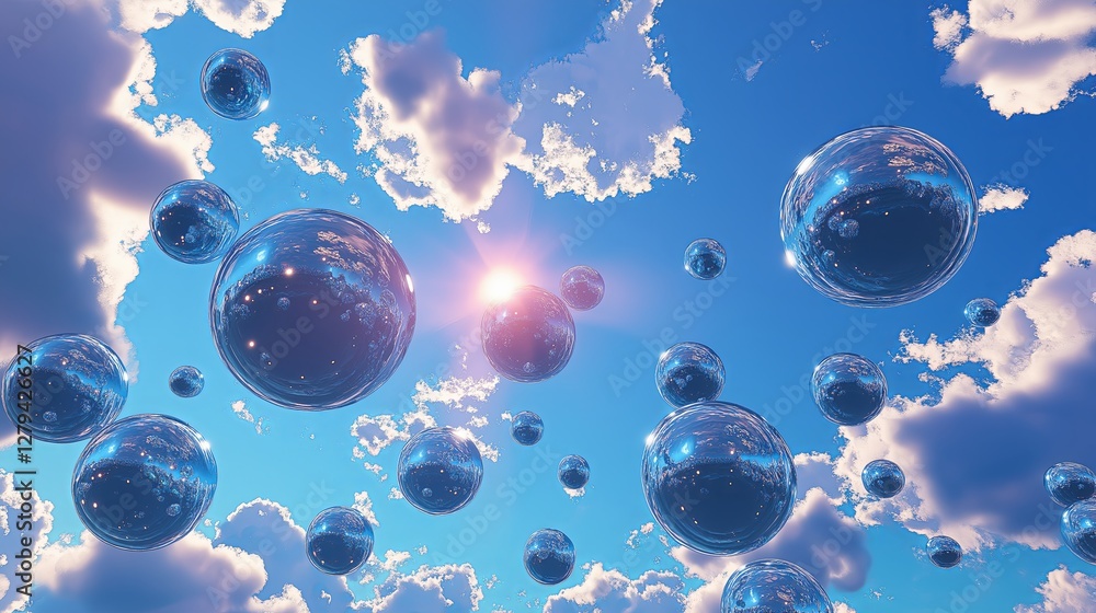 Poster a sky filled with floating orbs that resemble planets