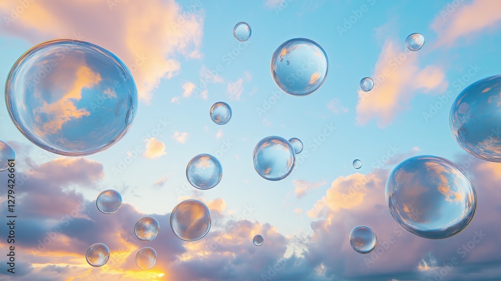 Poster a sky filled with floating orbs that resemble planets