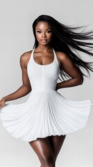 Naklejka premium Stunning Black woman in a white pleated dress. Her long, dark hair flows beautifully.