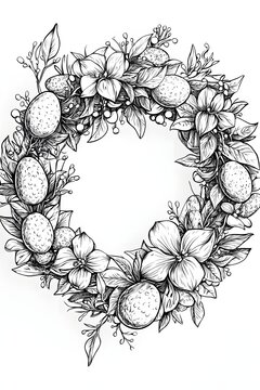 Decorative Easter wreath outline for creative coloring fun for all ages. Generative AI