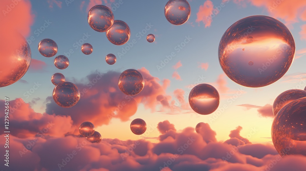 Poster a sky filled with floating orbs that resemble planets
