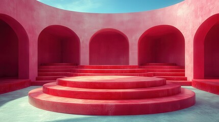 Vibrant Abstract Architecture with Red Shapes and Blue Sky