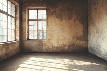 Empty grungy room with textured walls and moody lighting. AI generated illustration.
