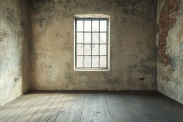 Empty grungy room with textured walls and moody lighting. AI generated illustration.