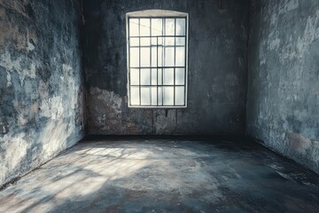 Empty grungy room with textured walls and moody lighting. AI generated illustration.