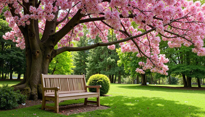 Tranquil wooden bench beneath blooming tree in spring, nature's beauty