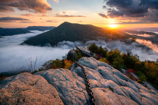 Scenic autumn sunrise over Chained Rock State Park in Kentucky