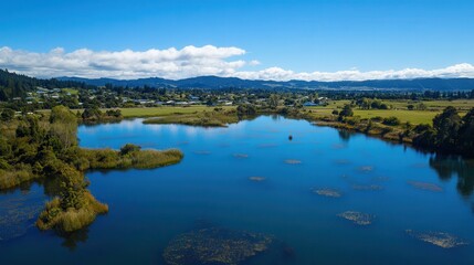 Aerial view of a serene river featuring a small boat gliding through the calm waters surrounded by lush greenery.