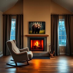 Cozy Cabin Living Room with Fireplace and Wildlife Art