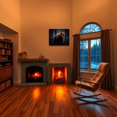 Cozy Cabin Living Room with Fireplace and Wildlife Art