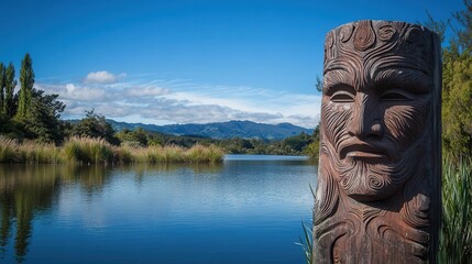 A carved wooden statue stands beside a tranquil body of water, showcasing intricate details and natural beauty in a serene outdoor setting.
