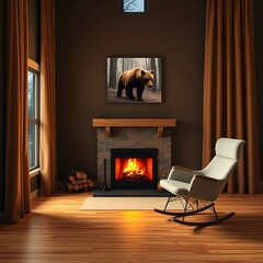 Cozy Cabin Living Room with Fireplace and Wildlife Art
