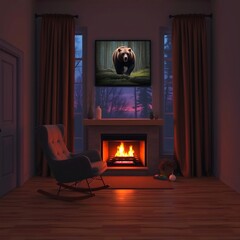 Cozy Cabin Living Room with Fireplace and Wildlife Art