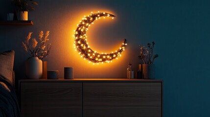 A crescent-shaped wall ornament wrapped in fairy lights