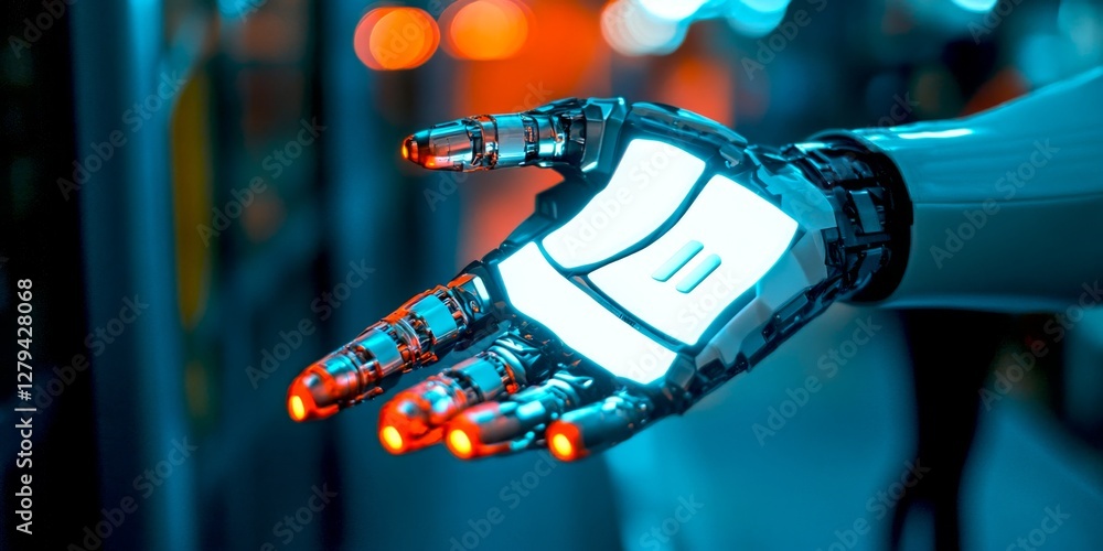 Poster a futuristic robotic hand displays glowing features in a modern setting. this image captures the ess