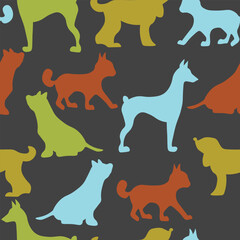 Vector seamless repeating childish pattern with cute dogs, cats in Scandinavian style. Animals background with dog, cat, pets, puppy for invitation, poster, card, flyer, textile, fabric.
