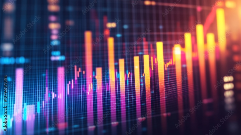 Poster a digital-style bar graph with bright columns rising in value, representing a positive trend in stat