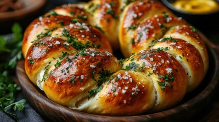 A German pretzel with a deep golden brown crust, twisted into its iconic shape, lightly sprinkled with coarse salt and served with a side of mustard in a small dish