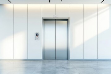 Elevator with metal doors, white blank wall, and concrete floor. AI generated illustration.