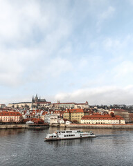 Panoramic view on Prague Historical Gothic Medieval castle and church complex, St. Vitus Cathedral, Charles Bridge, astronomical clock, Basilica of St. George, Unesco city tourism
