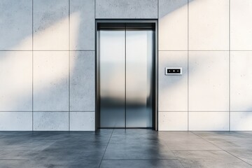 Elevator with metal doors, white blank wall, and concrete floor. AI generated illustration.