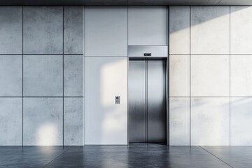 Elevator with metal doors, white blank wall, and concrete floor. AI generated illustration.