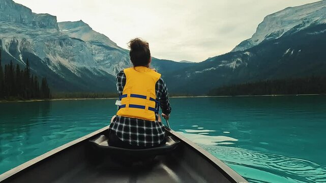Woman paddling a canoe on Emerald Lake in Yoho National Park, British Columbia, Canada