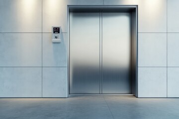Elevator with metal doors, white blank wall, and concrete floor. AI generated illustration.