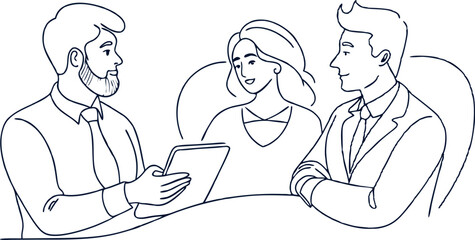 Teamwork in Action. Line Drawing of Business Professionals Talking Vector Illustration