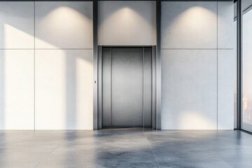 Elevator with metal doors, white blank wall, and concrete floor. AI generated illustration.