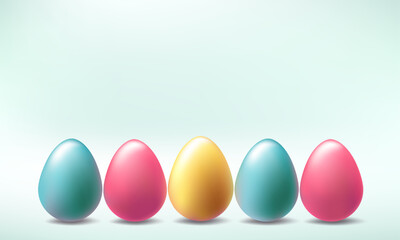 Easter day golden egg background. 3d vector png, April happy holiday isolated podium scene. Spring greeting card realistic design, Mini gift pile web header banner, blue pink gold illustration poster