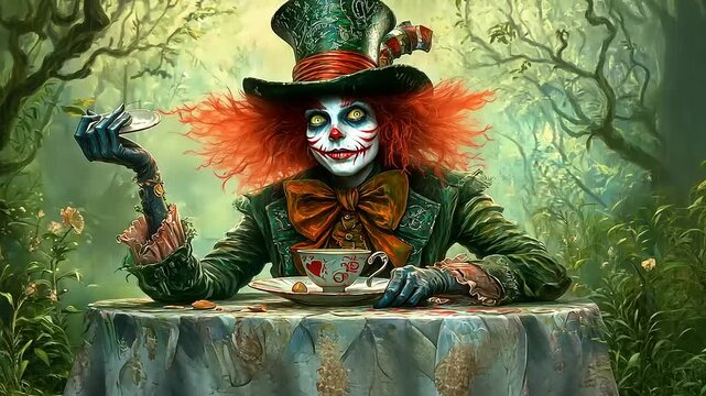 Mad Hatter's Dark Tea Party: A Spooky Wonderland Illustration