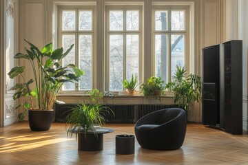Fototapeta premium Modern open space office with black furniture and large windows. AI generated illustration.