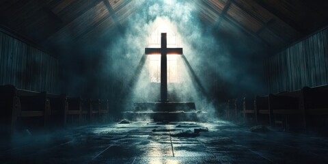 Naklejka premium Mysterious light illuminating a large cross in a dimly lit church interior during early morning hours