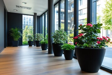 Modern open space office with black furniture and large windows. AI generated illustration.