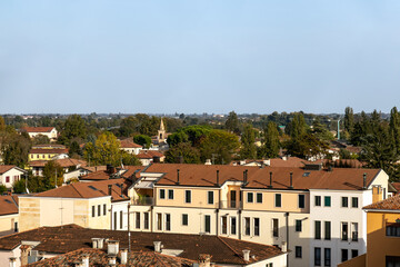 Aerial view of Piove di Sacco, Padova, Veneto, Italy, featuring terracotta rooftops and greenery