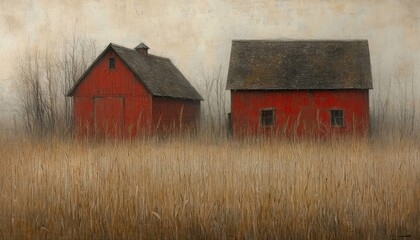 Obraz premium Two red barns stand in a tall grass field. Perfect for rural, rustic, or autumnal themes.
