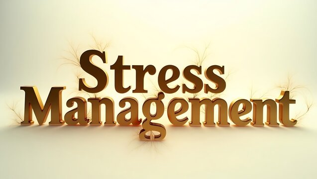 The display highlights the concept of stress management, featuring stylized typography against a light backdrop