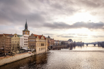 Panoramic view on Prague Historical Gothic Medieval castle and church complex, St. Vitus Cathedral, Charles Bridge, astronomical clock, Basilica of St. George, Unesco city tourism