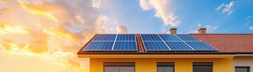 Naklejka premium Modern home rooftop with solar panels against a vibrant sunset sky, showcasing renewable energy technology